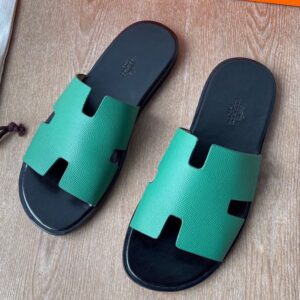 Hermes Izmir Sandals in Vert Vertigo Epsom Calfskin with Black Insole