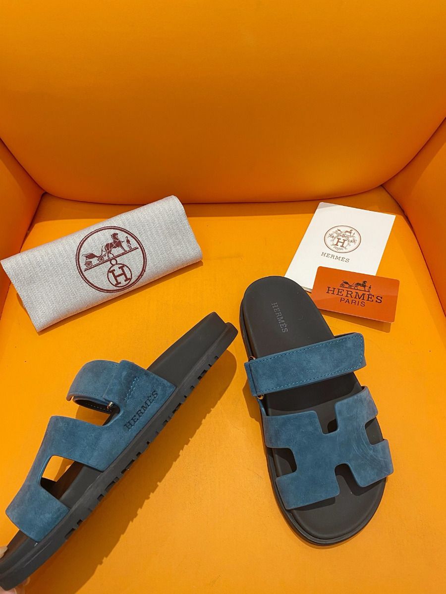 Hermes Men's Chypre Sandals in Blue Suede Calfskin - Image 5