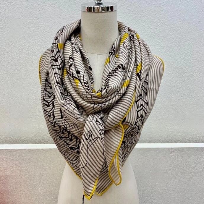 Hermes Grey/Yellow Panoplie Equestre Eyeliner Shawl 140 - Image 3