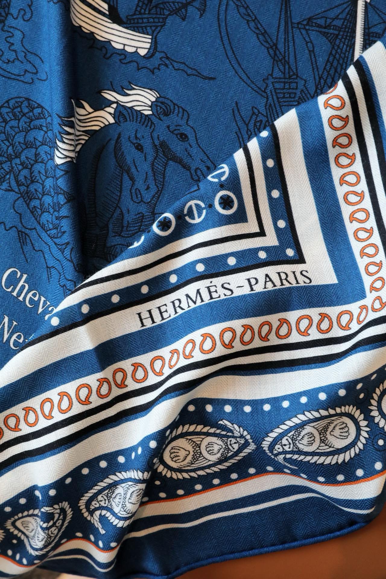 Hermes Blue Tatouages Marins Bandana Shawl 140 - Image 8