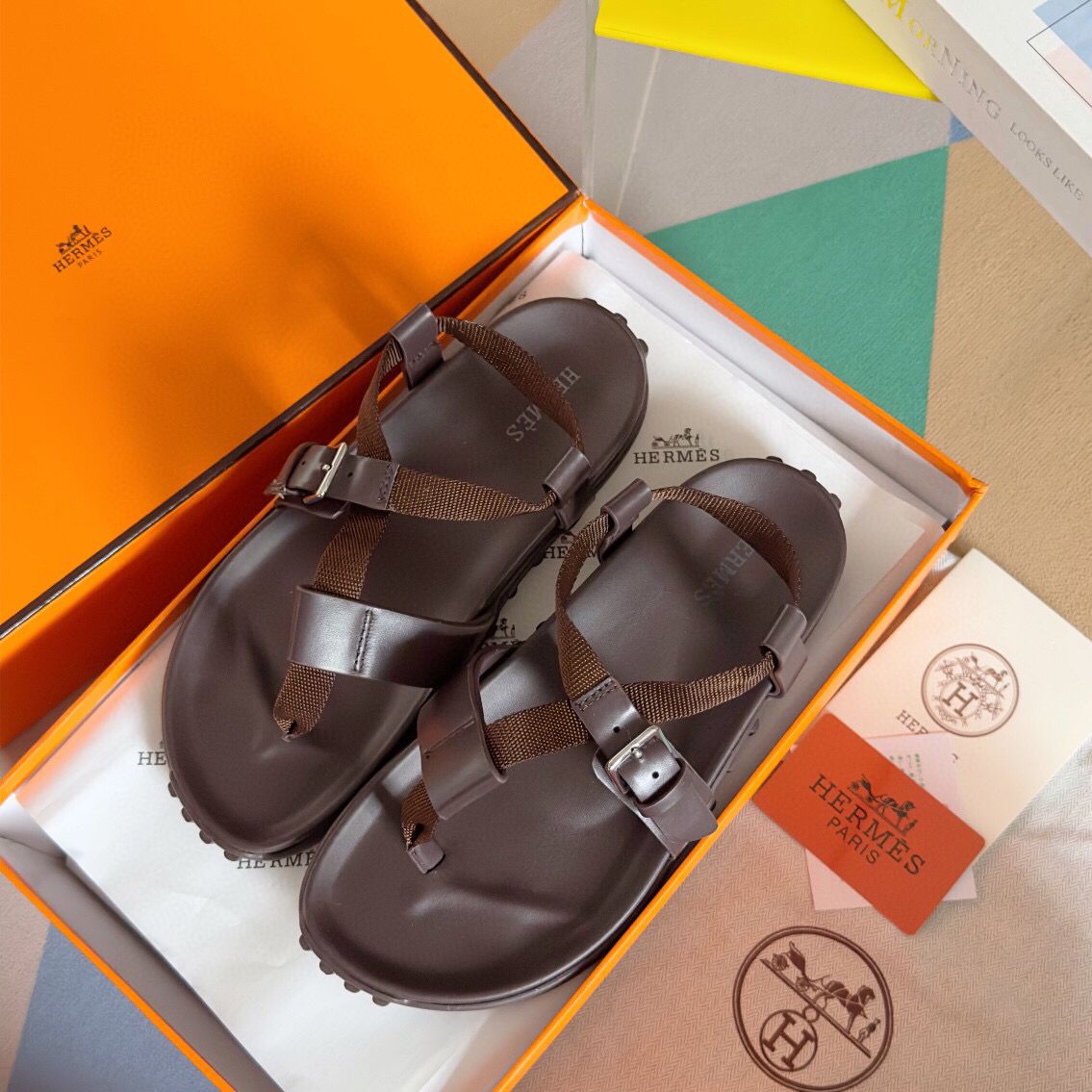 Hermes Inboard Sandals in Burgundy Leather and Ribbon - Image 7