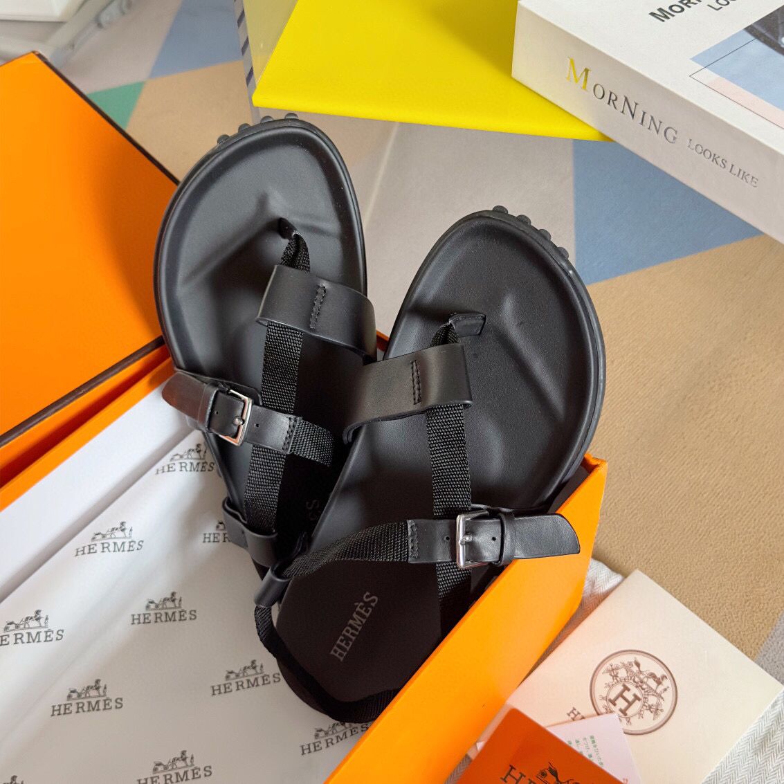 Hermes Inboard Sandals in Black Leather and Ribbon - Image 8