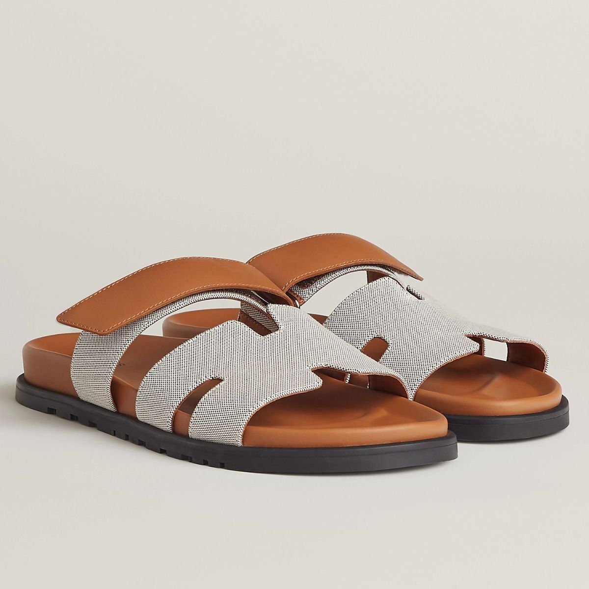 Hermes Women's Chypre Sandals In Canvas with Brown Leather