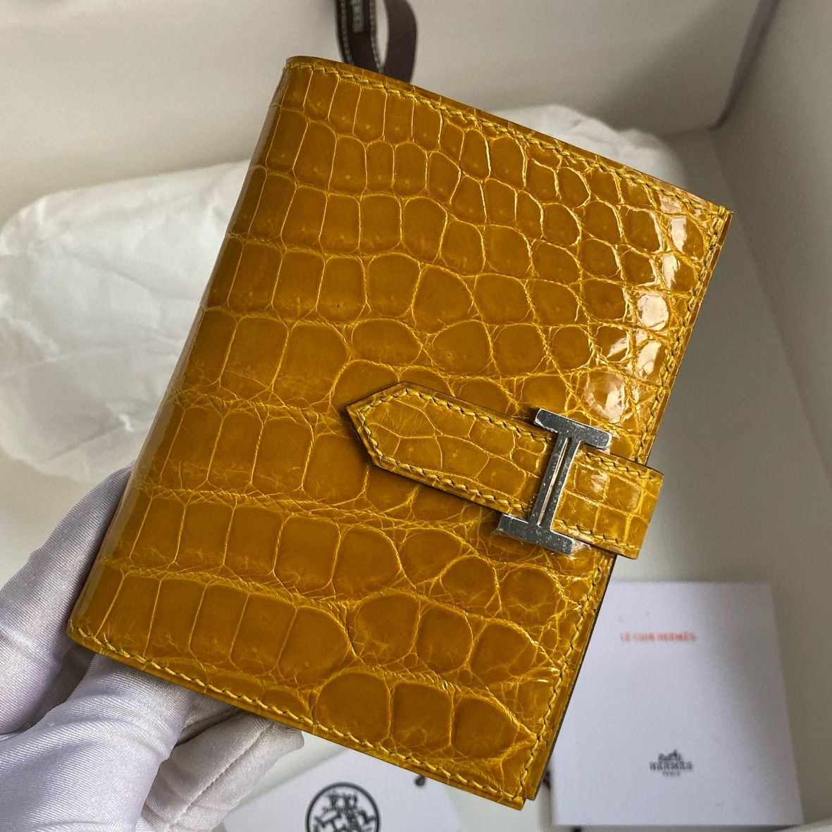 Hermes Bearn Compact Wallet in Jaune Ambre Shiny Alligator Leather
