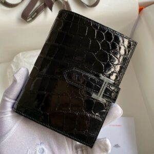 Hermes Bearn Compact Wallet in Black Shiny Alligator Leather