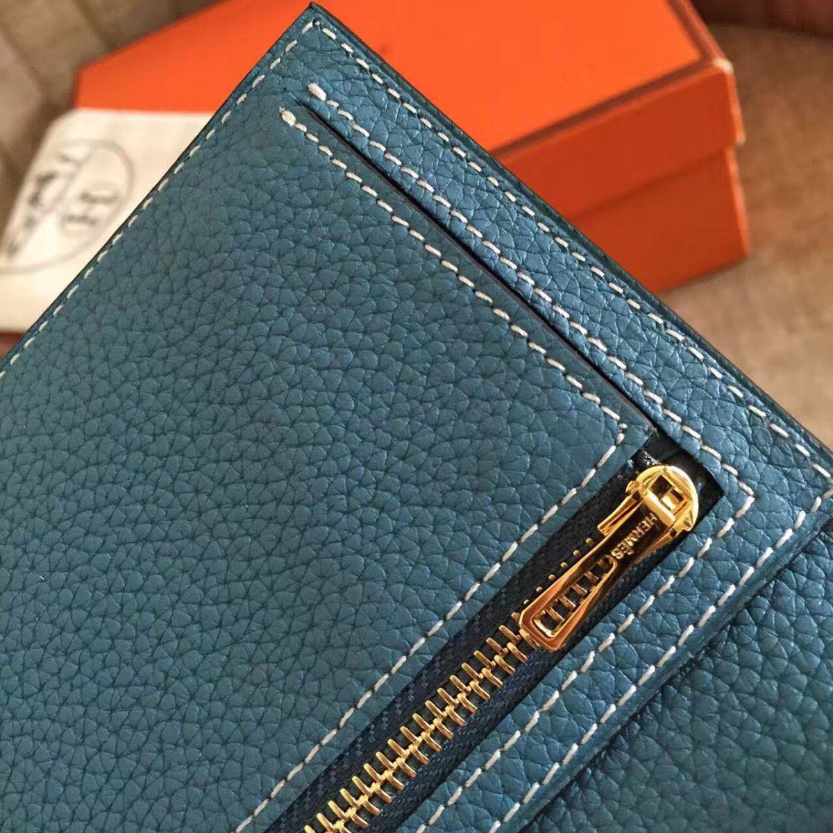 Hermes Blue Jean Clemence Bearn Gusset Wallet - Image 7