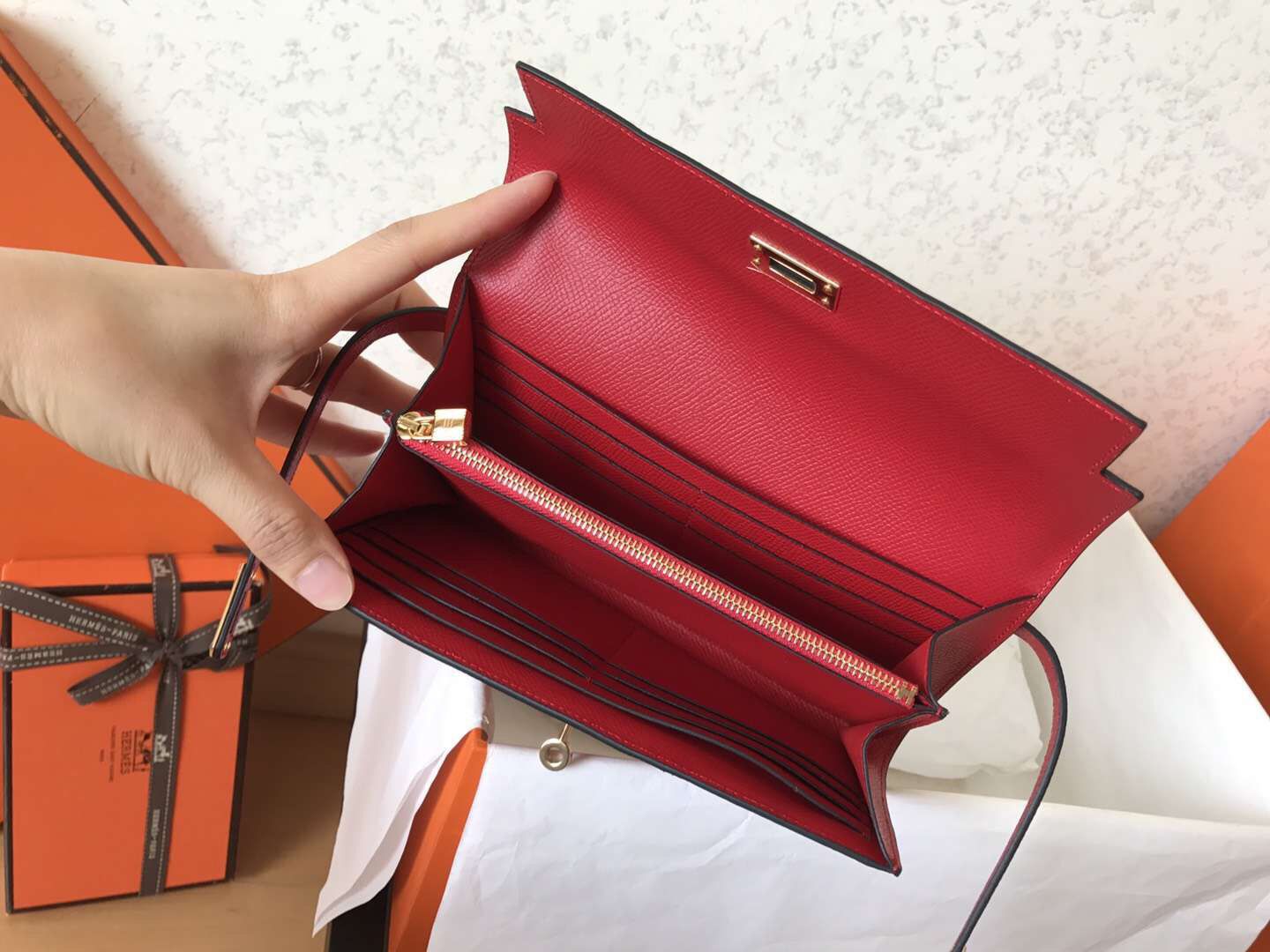 Hermes Kelly Classic Long Wallet In Red Epsom Leather - Image 9