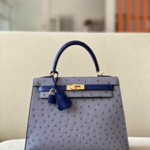 Kelly HSS 25 Ostrich Gris Agate(82) and Bleu Irisn(77) Gold Hardware